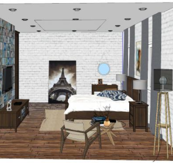 工业风卧室家具SU模型下载_sketchup草图大师SKP模型