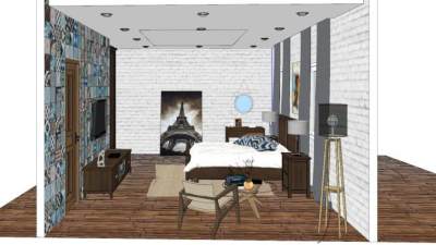 工业风卧室家具SU模型下载_sketchup草图大师SKP模型