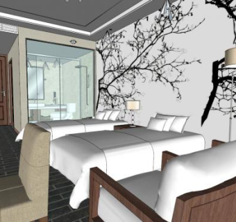 酒店标间su模型下载_sketchup草图大师SKP模型