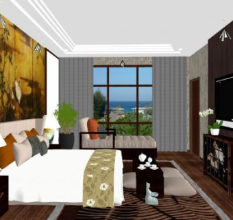 新中式卧室SU模型下载_sketchup草图大师SKP模型