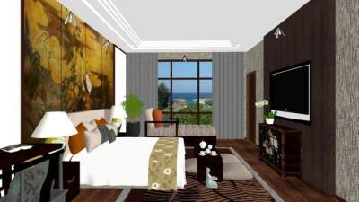新中式卧室SU模型下载_sketchup草图大师SKP模型