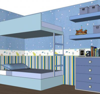 蓝色北欧儿童房SU模型下载_sketchup草图大师SKP模型