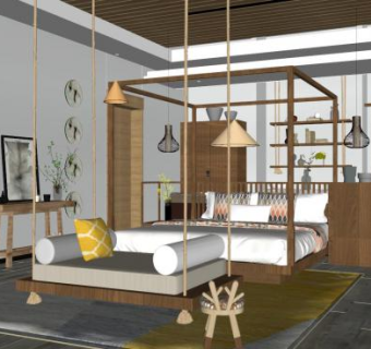 现代禅意卧室家装SU模型下载_sketchup草图大师SKP模型