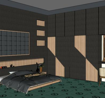 简约黑色软装卧室SU模型下载_sketchup草图大师SKP模型