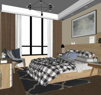 现代简约原木卧室SU模型下载_sketchup草图大师SKP模型