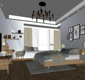 北欧原木风卧室SU模型下载_sketchup草图大师SKP模型