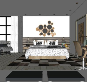 简约卧室家装墙饰SU模型下载_sketchup草图大师SKP模型