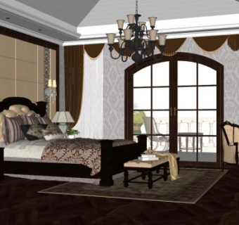 美式主人房卧室SU模型下载_sketchup草图大师SKP模型