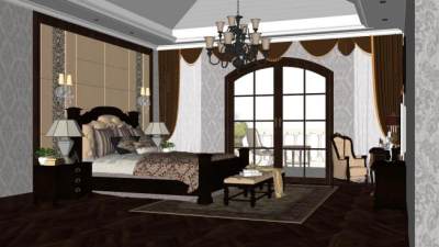 美式主人房卧室SU模型下载_sketchup草图大师SKP模型