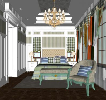 欧式小清新主人房SU模型下载_sketchup草图大师SKP模型