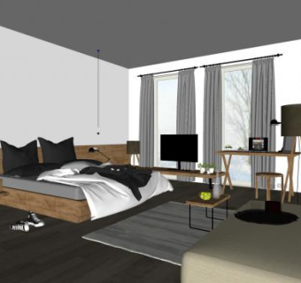 简约卧室原木风家具SU模型下载_sketchup草图大师SKP模型