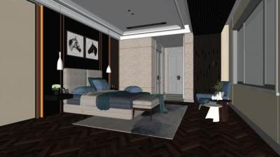 深色简约家装卧室SU模型下载_sketchup草图大师SKP模型