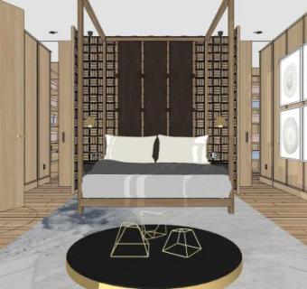 新中式禅意卧室SU模型下载_sketchup草图大师SKP模型