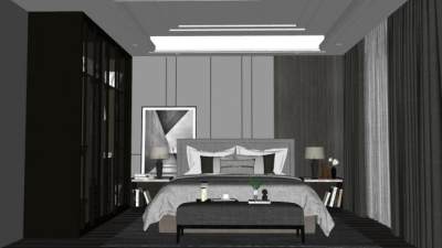 简约灰色卧室SU模型下载_sketchup草图大师SKP模型