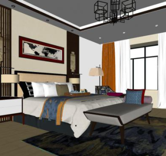 新中式现代主人房SU模型下载_sketchup草图大师SKP模型