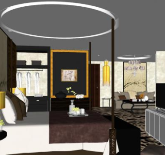 新中式卧室客厅组合SU模型下载_sketchup草图大师SKP模型