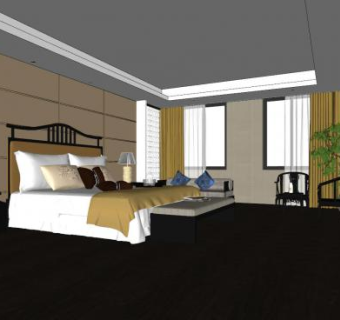 新中式大型主卧SU模型下载_sketchup草图大师SKP模型