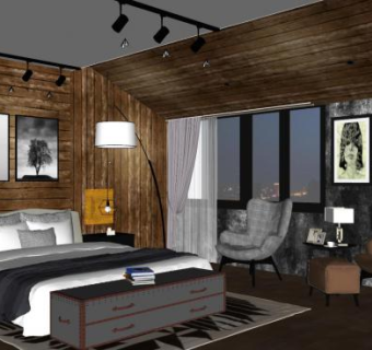 原木复古风卧室SU模型下载_sketchup草图大师SKP模型