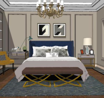 美式现代卧室SU模型下载_sketchup草图大师SKP模型