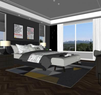 简约室内软装卧室SU模型下载_sketchup草图大师SKP模型