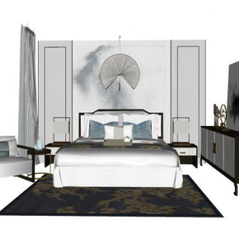 新中式禅风卧室SU模型下载_sketchup草图大师SKP模型