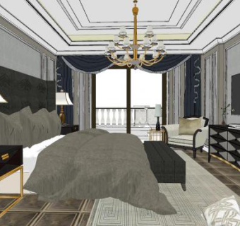 简欧别墅卧室家装SU模型下载_sketchup草图大师SKP模型