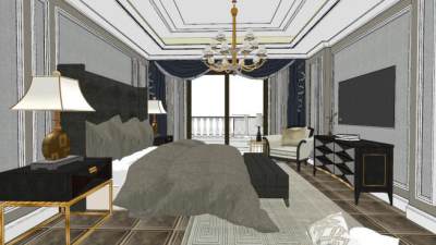 简欧别墅卧室家装SU模型下载_sketchup草图大师SKP模型