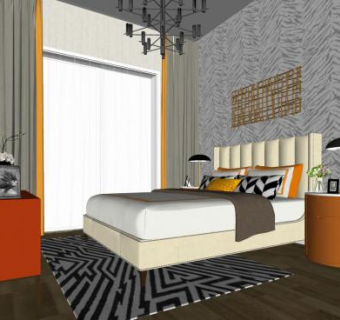 现代简约落地窗卧室SU模型下载_sketchup草图大师SKP模型