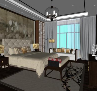 新中式软装卧室SU模型下载_sketchup草图大师SKP模型