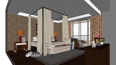 简欧卧室阳台家装SU模型下载_sketchup草图大师SKP模型