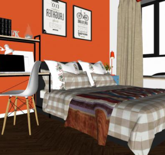 现代橙色卧室家装SU模型下载_sketchup草图大师SKP模型