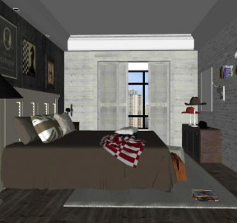 北欧复古风格卧室SU模型下载_sketchup草图大师SKP模型