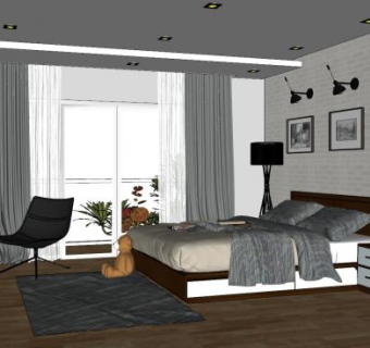 北欧简约卧室风格SU模型下载_sketchup草图大师SKP模型