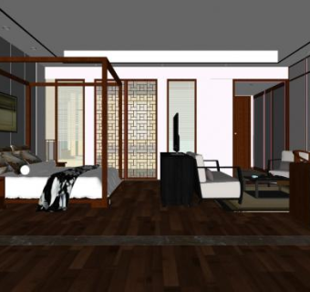 新中式复古卧室SU模型下载_sketchup草图大师SKP模型