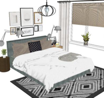 北欧卧室床具墙饰SU模型下载_sketchup草图大师SKP模型