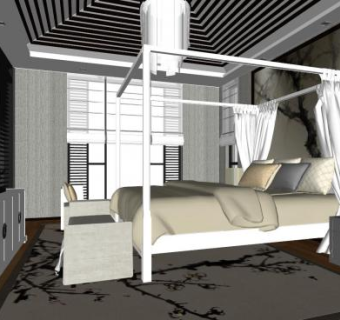 现代新中式家装卧室SU模型下载_sketchup草图大师SKP模型