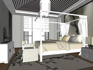 现代新中式家装卧室SU模型下载_sketchup草图大师SKP模型