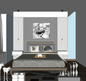 现代新中式卧室家装SU模型下载_sketchup草图大师SKP模型
