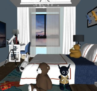 现代简约男孩儿童房SU模型下载_sketchup草图大师SKP模型