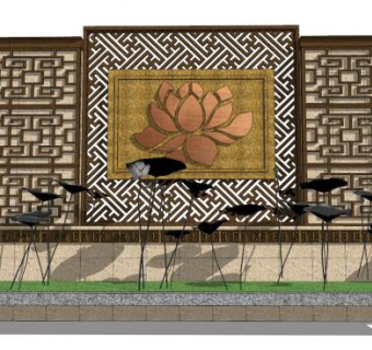 中式荷花主题景墙su模型下载_sketchup草图大师SKP模型