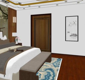 新中式简约卧室家具SU模型下载_sketchup草图大师SKP模型