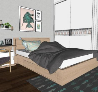 现代简约小型卧室SU模型下载_sketchup草图大师SKP模型