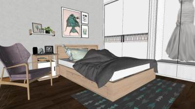 现代简约小型卧室SU模型下载_sketchup草图大师SKP模型