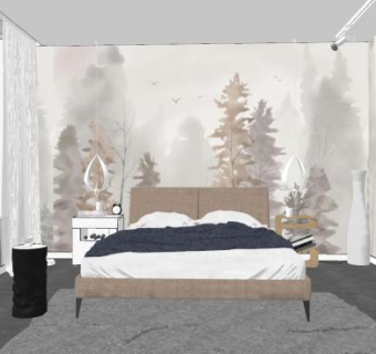 北欧小清新背景墙卧室SU模型下载_sketchup草图大师SKP模型