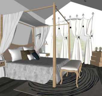 北欧原木家具卧室SU模型下载_sketchup草图大师SKP模型