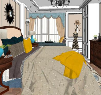 美式主人房卧室室内SU模型下载_sketchup草图大师SKP模型