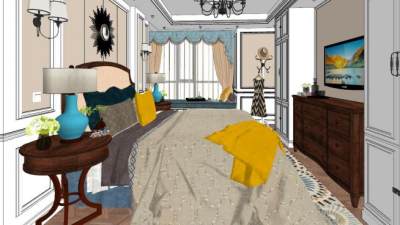 美式主人房卧室室内SU模型下载_sketchup草图大师SKP模型