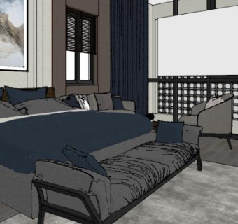 现代深色主人房SU模型下载_sketchup草图大师SKP模型