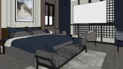 现代深色主人房SU模型下载_sketchup草图大师SKP模型