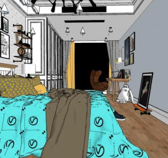 工业风创意卧室SU模型下载_sketchup草图大师SKP模型